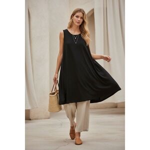 Sun Kim Lagenlook Black Swing Tunic Dress L Sleeveless Flowy Minimalist Stretch
